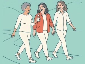 שלוש נשים בשנות החמישים והשישים הולכות יחד בחוץ ומשוחחות, פעילות ובתנועה