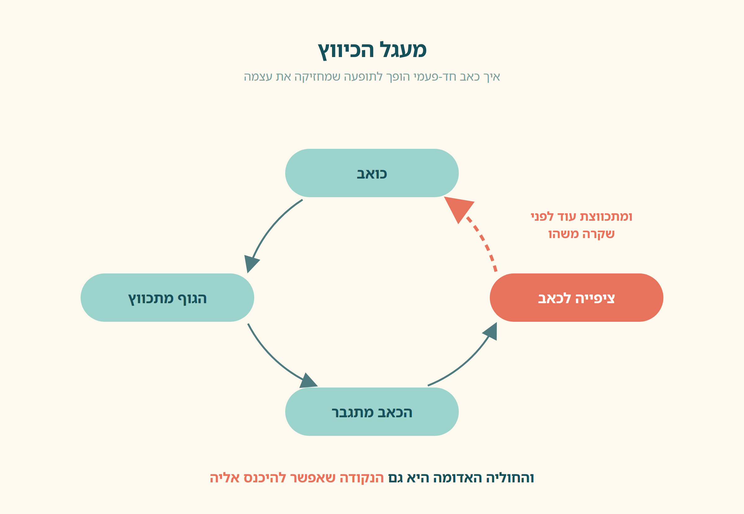 תרשים מעגל הכיווץ: כאב, כיווץ הגנתי של הגוף, החמרת הכאב, וציפייה לכאב שסוגרת את המעגל