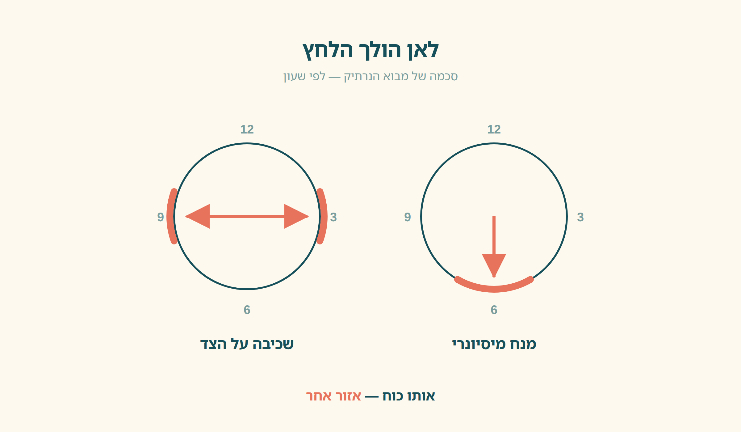 תרשים לפי שעון: כיוון הלחץ במבוא הנרתיק — לשעה 6 במנח מיסיונרי, ולשעה 3 או 9 בשכיבה על הצד